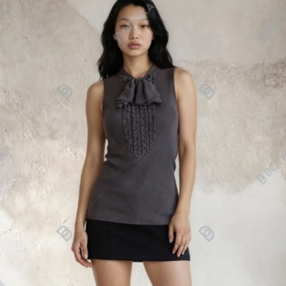 Grey Sweater Tank Ruffle Trim Bow Tie Top